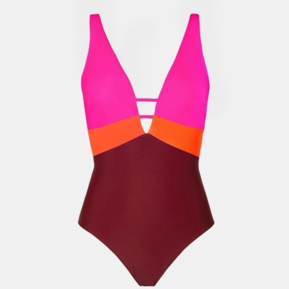 🌭♡Cupshe Pink, Orange & Burgundy Plunge One-Piece Swimsuit